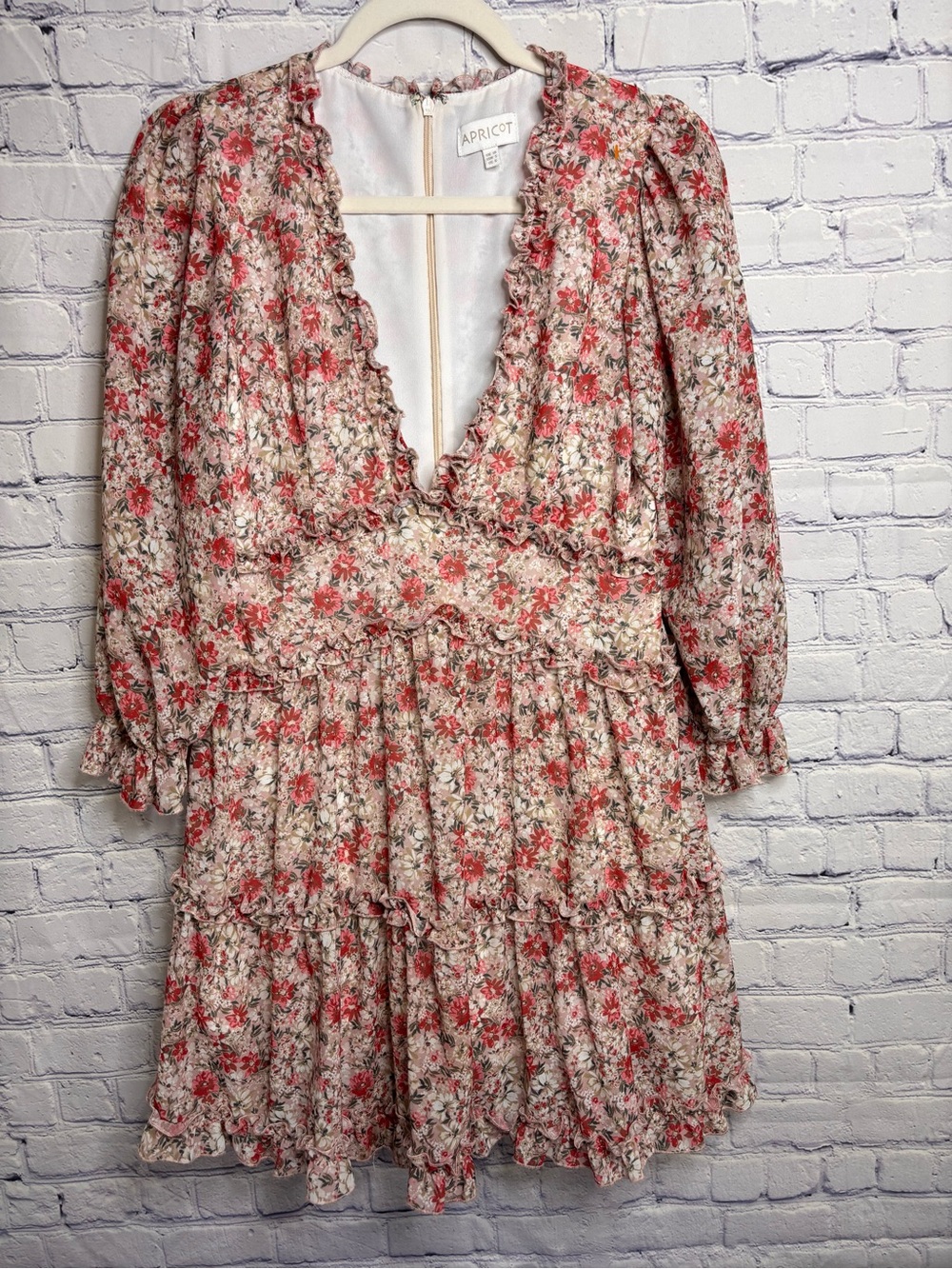 APRICOT Cream Peach Ditsy Floral Print Deep V Boho Cottagecore Mini Dress 6
